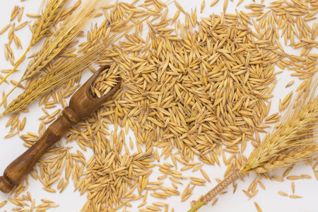 Oats are scattered on the table, a wooden spoon, wheat and barley