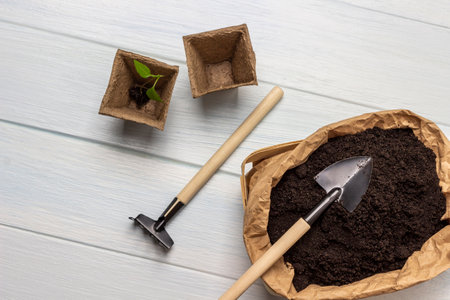 Soil in a paper bag and a shovel on top. Rakes and Peat Pots. flat lay. white background.の写真素材