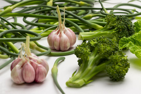 Heads of garlic and broccoli, garlic sprouts. close up. white background.の写真素材