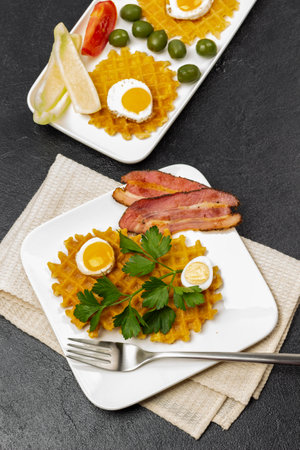 Bacon, waffles, fried eggs, vegetables, olives and a fork on two white plates. Beige napkin under the plate. flat lay. Black background.の写真素材