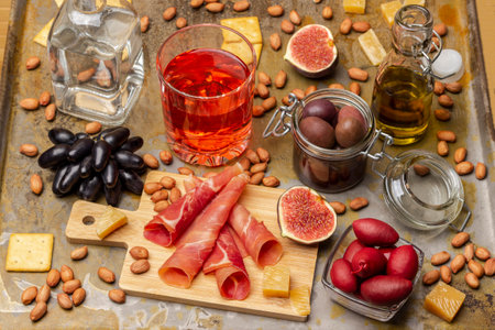 Snack food. Jamon and figs on board. Olives in glass jars. Glass of rose wine and sprig of grapes. Nuts and cheese. Rusty background.の写真素材