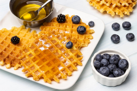 Wafers and berries, a spoon in a metal bowl with honey, on a white plate. Blueberries in a white bowl. white background.の写真素材