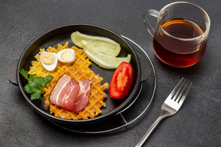 Fresh pepper and tomato wedge, waffles, fried bacon and eggs in a frying pan. A cup of tea and a fork on the table.の写真素材
