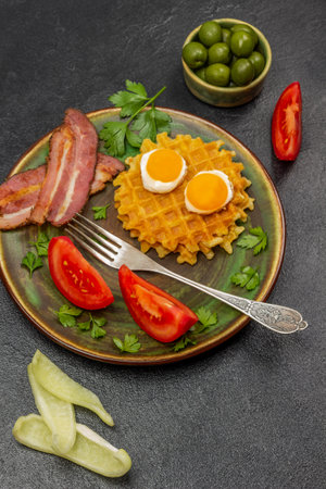 Two slices of tomato, waffles, fried bacon and two eggs, a fork on a plate. Olives and peppers on the table.の写真素材