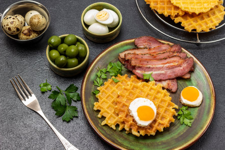 Quail eggs and green olives in bowls. Fried bacon, waffles and eggs in a frying pan. black backgroundの写真素材