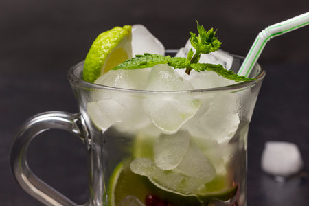 Ice, lemon and a sprig of mint in a glass. Part of the frame. close up. gray background.
