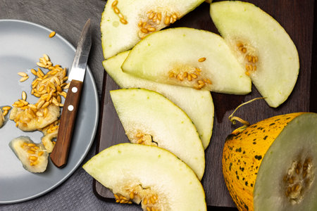 Melon slices and half a melon on a cutting board. Melon seeds and a knife on a gray plate. gray background.の写真素材