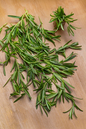 Sprigs of green rosemary on brown background. flat lay.の写真素材