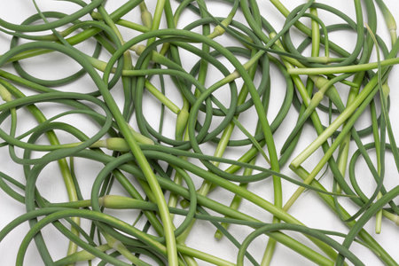 Green pods of garlic on white. flat lay. plant backgroundの写真素材