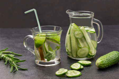 Kiwi and lime infused water in glass. Cucumber infused water in glass jug. Sprig of rosemary and cucumber on table. Black background.の写真素材