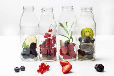 Four glass bottles with berries. Berries on the table. white backgroundの写真素材