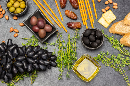 Appetizer set for aperitif with olives and cheese, grapes and dates, baguette and crackers, nuts and thyme sprigs. flat lay. Black background. Black background.の写真素材