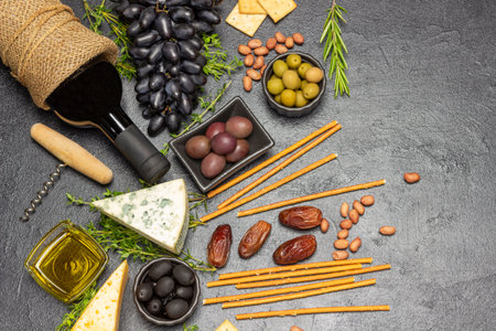 Appetizer set for aperitif with red wine, olives and cheese, grapes and dates, baguette and crackers, nuts and thyme sprigs. copyspace. flat lay. Black background. Black background.の写真素材