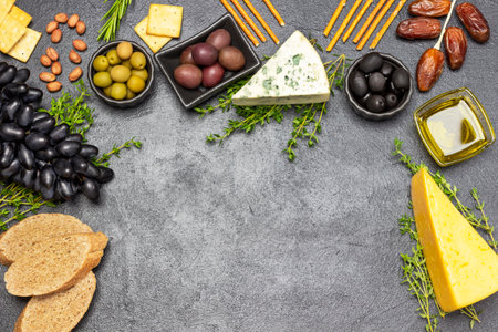 Appetizer for an aperitif with olives and cheese, grapes and dates, baguette and crackers, nuts and thyme sprigs. copyspace. flat lay. Black background.の写真素材
