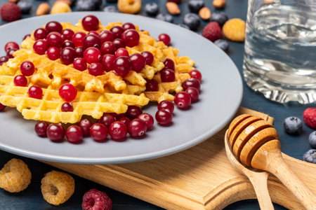 Cranberries and waffles on gray plate. Berries on table. Wooden honey dipper on board. close up. blue background.の写真素材