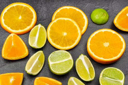 Natural source of strengthening immunity. Slices of orange and lime on the table. flat lay. Black...