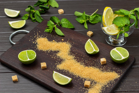 Brown sugar and lime slices on board. Sprigs of mint on table. Lemon in glass bowl. top view. Dark wooden background.の写真素材