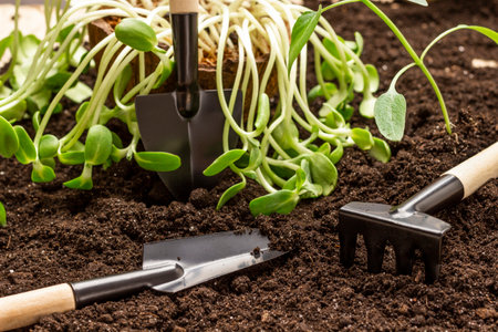 Pea sprouts. Rake and shovel on the ground. close up.の写真素材