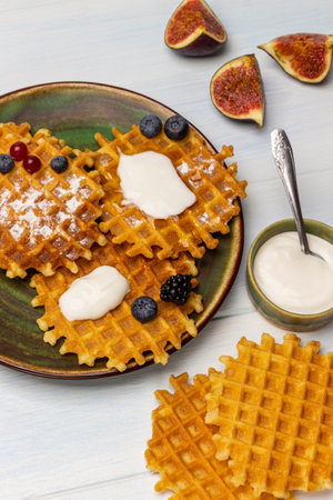 Yogurt in a bowl, waffles and figs on the table. Waffles with yogurt and berries on a green plate. top view. white background.の写真素材