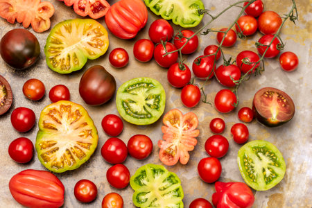 Chili tomato sprigs. Red, green and dark red tomatoes. flat lay. Rusty background.の写真素材