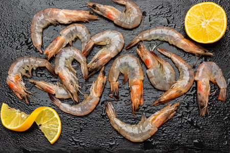 Shrimp and lemon wedges on wet stone surface. flat lay. black backgroundの写真素材