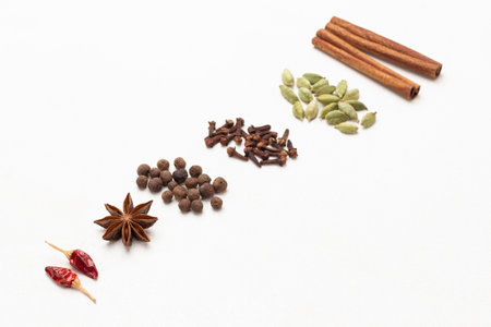 Spices lie in a row diagonally across the frame. Cinnamon sticks, cardamom, cloves, allspice, star anise, and red pepper pods. top view. white backgroundの写真素材