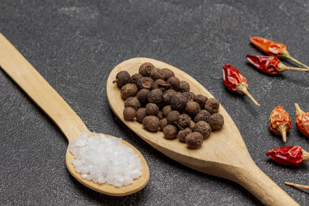 Salt and allspice in wooden spoons. Pods of red pepper on the table. close up. top view. black backgroundの写真素材