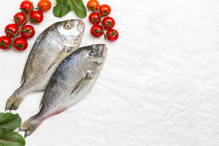 Fresh fish with red tomatoes and peppers. White background. Flat lay. Copy spaceの写真素材