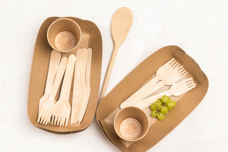 Disposable cardboard dishes. Wooden forks and spoons. Eco-friendly dish. White background. Flat layの写真素材