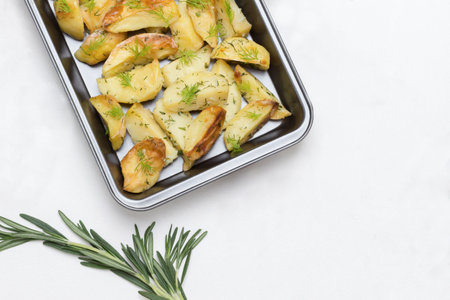 Baked potatoes in baking dish. Rosemary and peppers on table. White background. Flat lay. Copy spaceの写真素材