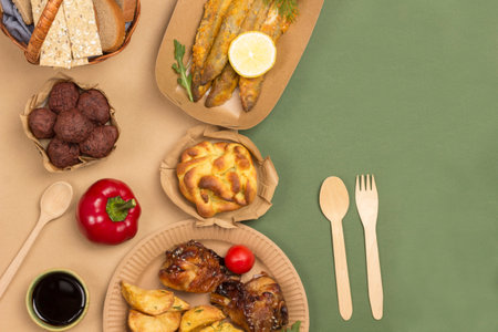 Picnic food in Eco-friendly cardboard disposable dishes. Brown and Green background. Flat layの写真素材