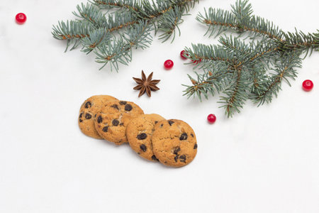 Christmas background with cookies, fir branches, cranberries, snowflakes, star anise. Copy space. White Background. Top viewの写真素材