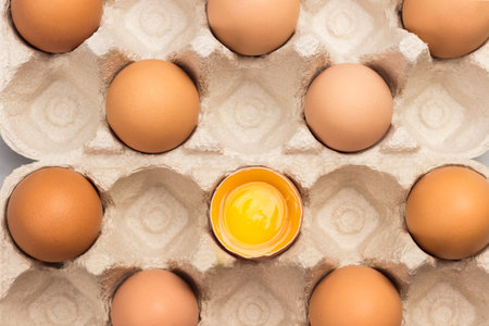 Brown chicken eggs in carton container. One broken egg in container. Flat layの写真素材