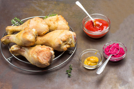 Chicken thighs with tomato paste and mustard. Rusty metal background. Top viewの写真素材