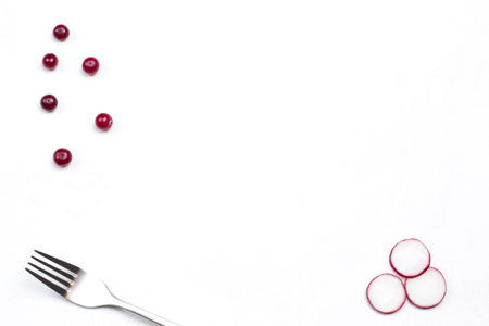 Fork, cranberry, mint and chopped radish on white. Menu background. Copy space. Flat lay