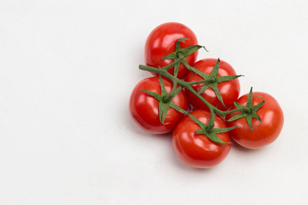 Red tomatoes on green branches and scissors. White Background. Flat lay. Copy spaceの写真素材
