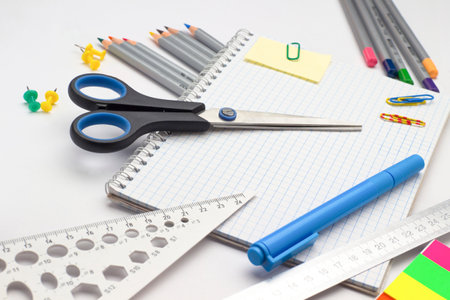 notebook pencil ruler scissors for workの写真素材