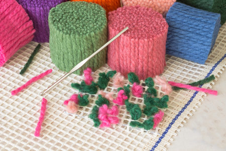 Multi-colored skeins for knitting carpets. Handmade. Hobby