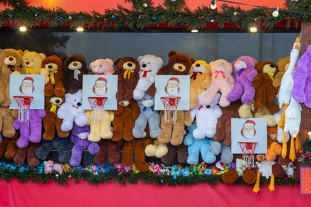 Children's New Year's attraction with soft toys. Mini basketball baskets, glowing illuminations.の写真素材
