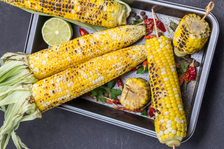 Grilled corn and dried red pepper pods on pallet. Black background. Top view