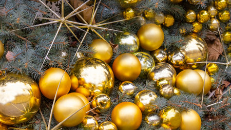 Yellow balls among green spruce branches. New Year's composition.の写真素材