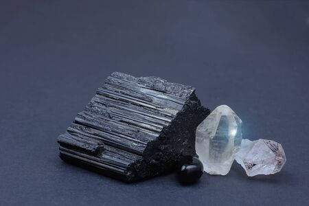 beautiful black tourmaline , amethyst, smoky quartz on a black backgroundの写真素材