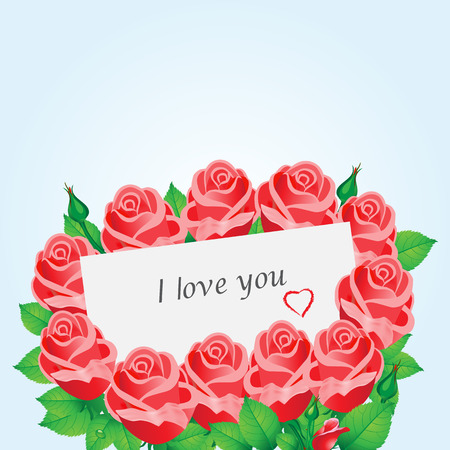 Romantic card with red roses, heart and the text I love youのイラスト素材