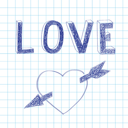 Love and heart with an arrow drawn in notebooks, the  Hand drawn sketch vector illustrationのイラスト素材