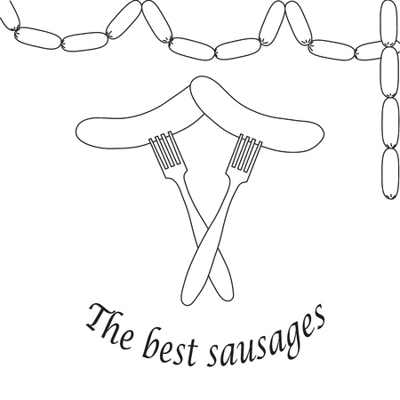 Sausages on a fork. The handwritten sketch drawn with a brush on a white backgroundのイラスト素材