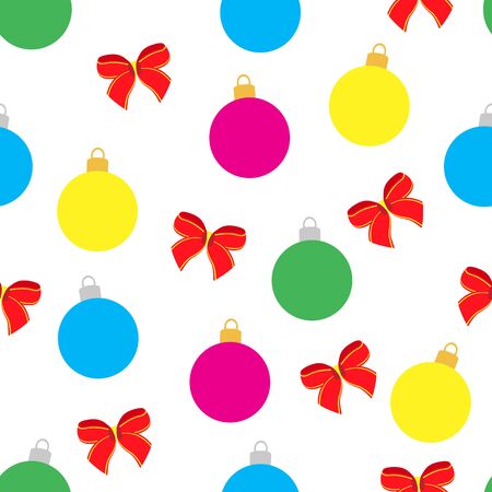 Bright seamless pattern for holiday. Vector illustration of Christmas balls and bows. Multi-colored toys on a white backgroundのイラスト素材