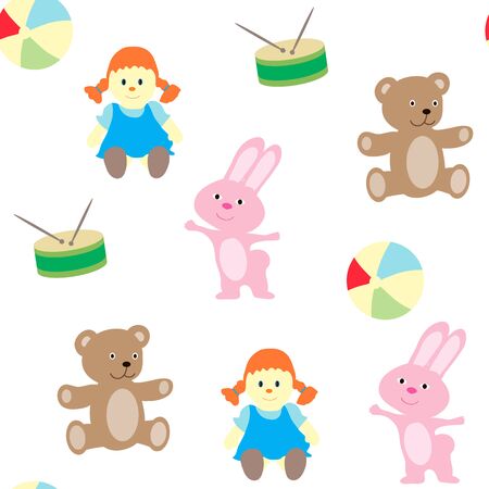 Seamless pattern with a set of children's objects. Toys and clothes for the child on a white background. Vector picture on white backgroundのイラスト素材