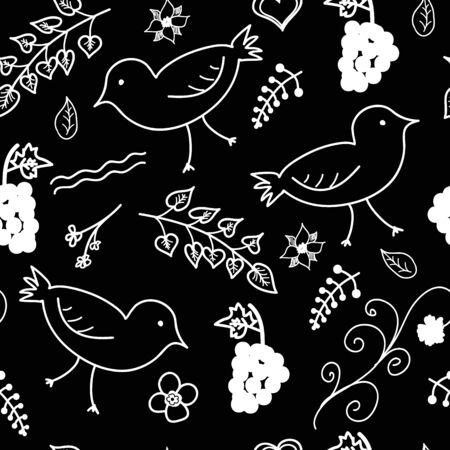 Seamless vector pattern, white leaf and bird pattern on black background.のイラスト素材