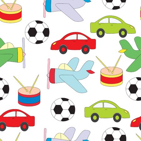 Seamless pattern with children's toys for boys. Vektoranya a picture on a white background with the machine, plane, a ball and a drum.のイラスト素材