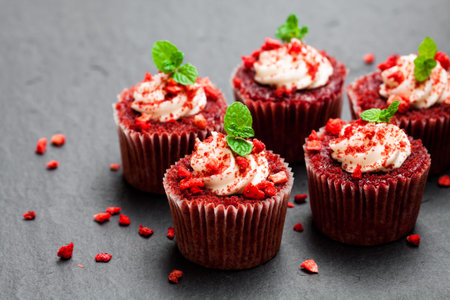 Strawberry  cupcakes with butter cream on black stone background の写真素材